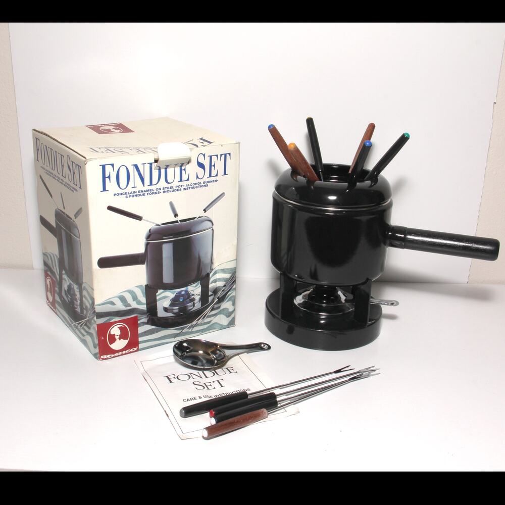 Vintage Roshco Fondue Pot with Box, skewers, fuel pot, instructions